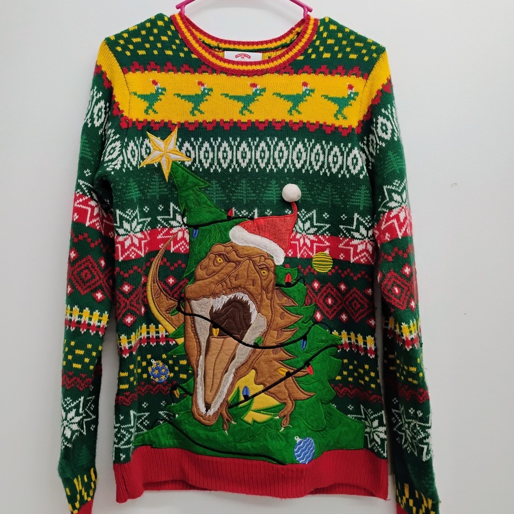 Holiday Time Ugly Christmas Sweater Dinosaur T Rex Tree Lights Adult Small 34-36